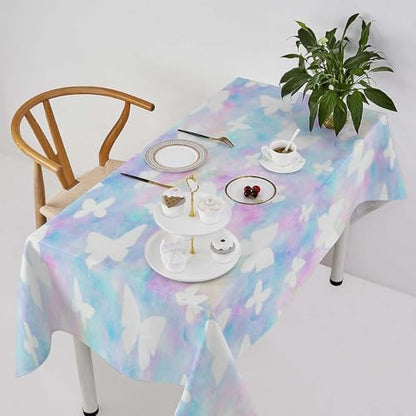 Rainbow Butterfly Tablecloth, Colorful Pink Blue White Butterflies Cartoon Print Table Cover for Farmhouse Kitchen Dining Room Table Decor 60x120in