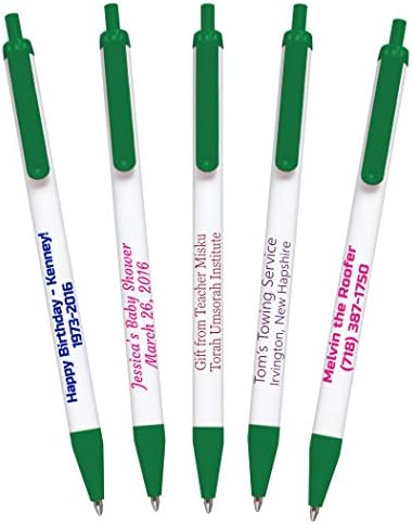 USA Made, Personalized Writing Ink Ballpoint Novelty Pens, Custom Printed with Your Logo & Text (Pack of 1,000 White Pens with Dark Green Trim)