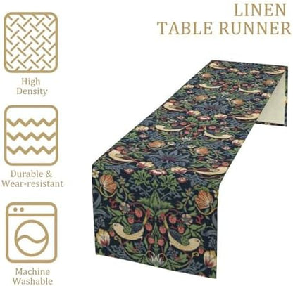 William Morris Blue Strawberry Thief Floral Table Runner Vintage Botanical Flowers Table Runner for Dining Table Decor 13 x 108 Inch