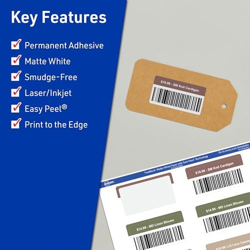 Avery TrueBlock Matte White Rectangle Labels, Sure Feed Technology, 1" x 2", 1,200 Matte White Labels, Print-to-The-Edge, Laser/Inkjet Printable, Great for Packaging and Product Merchandising