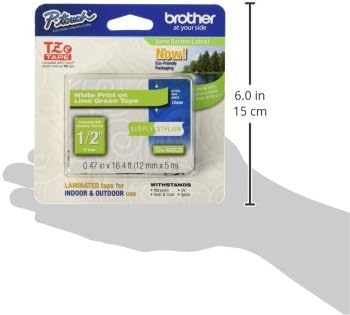 Brother Genuine P-Touch TZE-MQG35 Tape, 1/2" (0.47") Laminated White on Lime Green Water-Resistant 0.47" x 16.4 ft (24mm x 8mm), Single-Pack