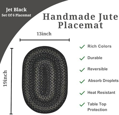 Homespice Jet Black Jute Braided Placemats, Oval 13x19 Set of 6