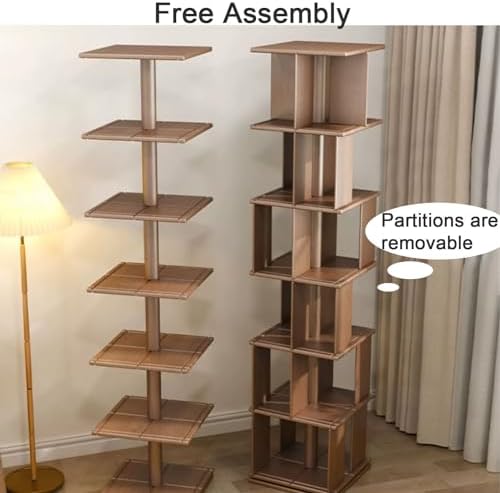 GAMAK Rotating Bookshelf Kids 360 Display 3-4 Tier Revolving Bookcase with Brake Wheels Floor Standing Bookcase Narrow Bookshelf for Small Spaces Natural Wood (Color : Walnut, Size : Moving_Three)