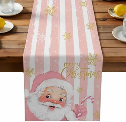 Pink Santa Claus Table Runner Dresser Scarf 13 x 72 Inch Merry Christmas Candy Snowflake White Striped Table Runners Non-Slip Heat Resistant Kitchen Dining Table Decor for Home Holidays Indoor Outdoor