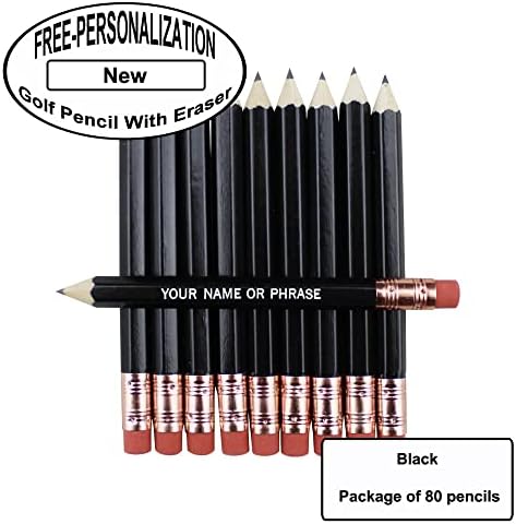 EZPENCILS & GIFTS - Golf Pencils Tipped with Eraser (1/2 a Pencil - Pew Pencils) - Black Colored Barrel - FREE-PERSONALIZATION - 2HB Black Lead - Custom Text - Non-Smear Eraser – Package of 80