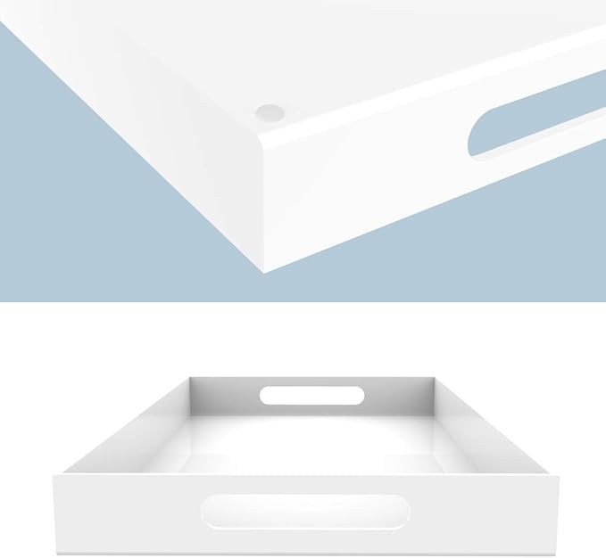 White Acrylic Serving Tray for Vanity, Bathroom, Outdoor, Food and Décor with Handles (Rectangle, Small)