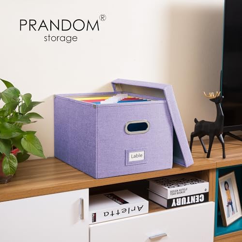 PRANDOM File Organizer Box - Set of 4 Collapsible Decorative Linen Filing Storage Hanging File Folders with Lids Office Cabinet Letter/Legal Size Purple 17.1x14x11.1 inch