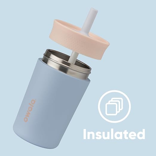 Owala Kids Insulation Stainless Steel Tumbler with Spill Resistant Flexible Straw, Easy to Clean, Kids Water Bottle, Great for Travel, Dishwasher Safe, 12 Oz, Tan and Blue (Seas the Day)
