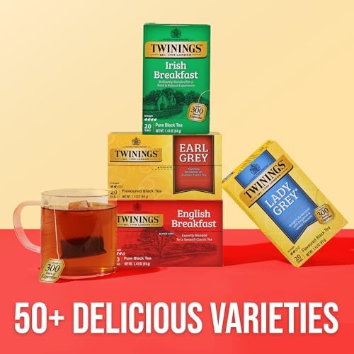 Twinings Variety Pack Black Tea Bags, 20 Count (Pack of 4), Includes English Breakfast, Earl Grey, Irish Breakfast, and Lady Grey, Caffeinated, Enjoy Hot or Iced, 80 Teabags