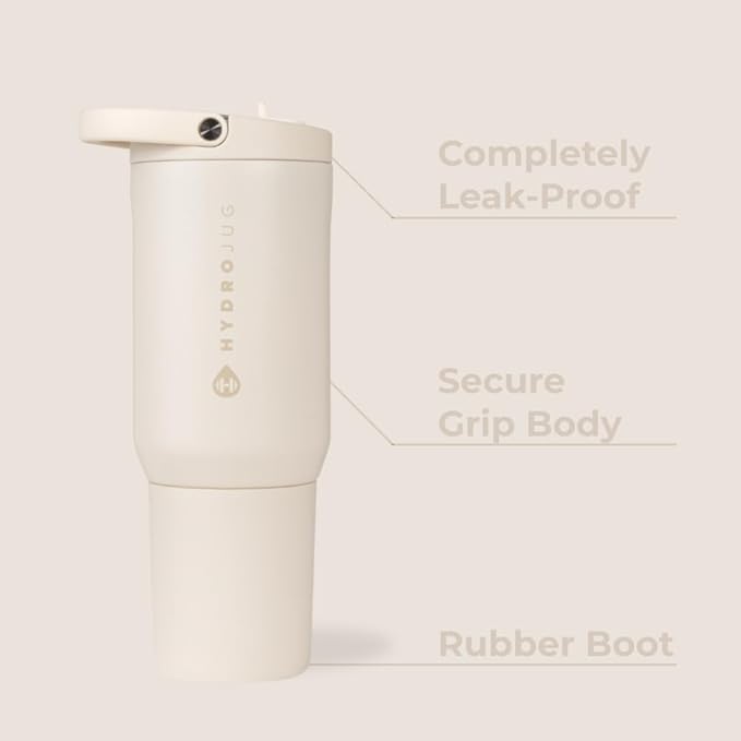 HydroJug Sport - Stainless Steel Tumbler with Straw, Vacuum Insulated, 20oz Leakproof Water Bottle, Ergonomic Design, Reusable, Dishwasher Safe, Rubber Base, Durable for Gym or Outdoors, Cream