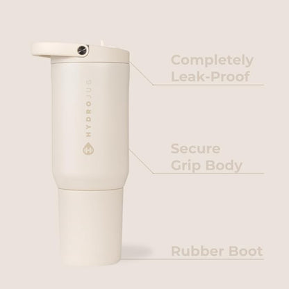 HydroJug Sport - Stainless Steel Tumbler with Straw, Vacuum Insulated, 20oz Leakproof Water Bottle, Ergonomic Design, Reusable, Dishwasher Safe, Rubber Base, Durable for Gym or Outdoors, Cream