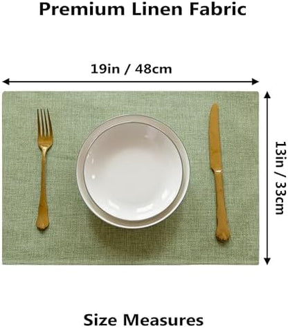 Demetex Green Placemat Set of 4 Washable Linen Textured Place Mats for Dinner Heat Resistant Sage Cloth Placemats Scratch Resistant Plate Mats for Dining Table Kitchen Summer, Green