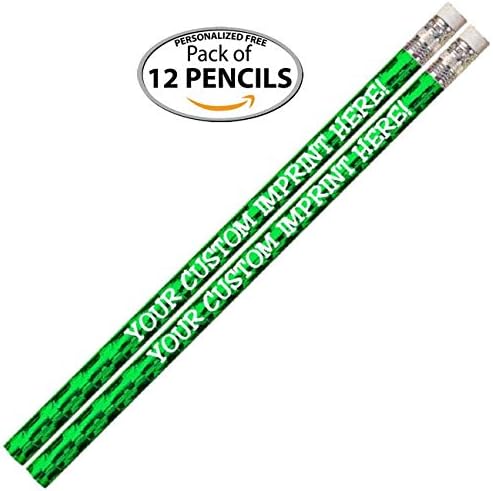 Express Pencils™ Personalized Custom Round Pencils - Glitz & Glitter Full Color Print w/your name, message, text or logo/Customizable - Great gift idea - 12/Set (GOTCH-YA GREEN METALLIC FOIL)