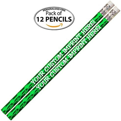 Express Pencils™ Personalized Custom Round Pencils - Glitz & Glitter Full Color Print w/your name, message, text or logo/Customizable - Great gift idea - 12/Set (GOTCH-YA GREEN METALLIC FOIL)