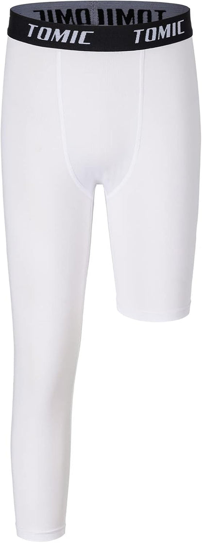 Tomic Youth Boys Kids One Leg 3/4 Leggings Compression Pants for Basketball Soccer Sports Athletic Training Tights Base Layer