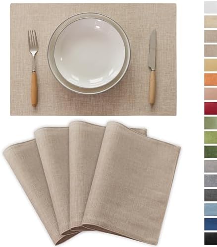 Demetex Linen Placemats Set of 4 Heat Resistant Cloth Placemats Table Place Mats Burlap Plate Mats for Dining Kitchen Banquet, Light Linen