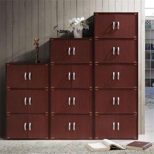 Pemberly Row 4 Shelf 8 Door Bookcase, 54.3 in H x 23.4 in W x 15.5 in D, Mahogany Finish, Slim Vertical Design, Wood Construction, Multipurpose Storage for Office, Bedroom, Closet or Entryway