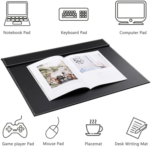 KINGFOM Ultra-Smooth PU Leather Desk Pad & Mat Office Desk Drawing & Writing Board A3/ A4 File Paper Clip Table Protector Mat on Top Large 24''x18'' (Black)
