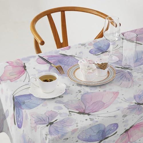 Purple Butterfly Tablecloth, Watercolor Pink Butterfly Abstract Cartoon Print Table Cloth for Farmhouse Kitchen Dinning Room Picnic Parties Home Decor 60x110in