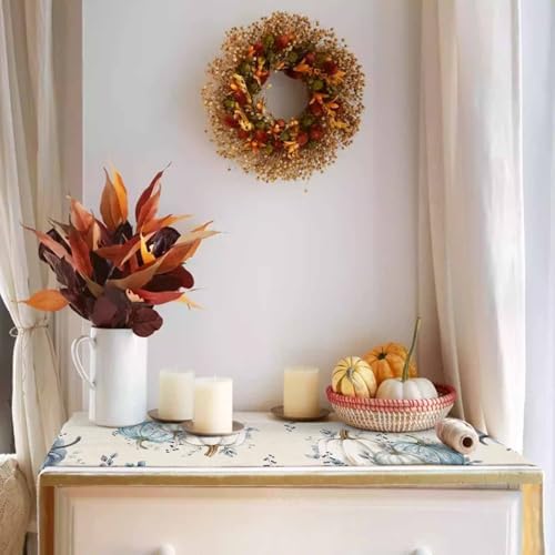 Fall Pumpkin Table Runner Dresser Scarf 13 x 90 Inch White Blue Leaves Rustic Table Runners Non-Slip Heat Resistant Kitchen Dining Table Decor for Autumn Thanksgiving Holidays Indoor Outdoor