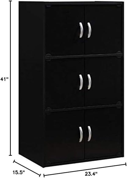 Home Square 3 Shelf 6 Door Wooden Bookcase Set in Black (Set of 2)