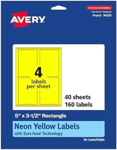Avery Printable Rectangle Labels, Sure Feed Technology, 5" x 3-1/2", Neon Yellow Labels, Laser/Inkjet Printable, 160 Total, Great for Shipping and Packaging