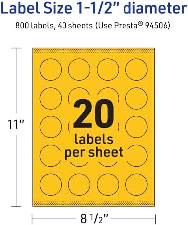Avery Printable Round Labels, Sure Feed Technology, 1-1/2" Diameter, Bright Yellow Labels, Print-to-The-Edge, Laser/Inkjet Printable, 800 Total, Great for Stickers and Candles
