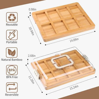CAWIU Charcuterie Board with Lid and Handle - Portable Travel Design Bamboo Cheese Board Set with 4 Cheese Tools, Gift for Housewarming, Weddings, Picnics(8 Compartments, White)