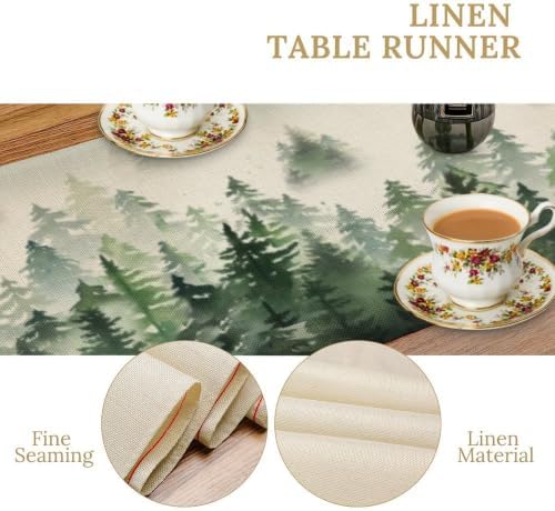 Watercolor Green Pine Trees Table Runner, Forest Woodland Tabletop Scarf Home Kitchen Holiday Decor, Seasonal Farmhouse Rustic Dining Decorations Party Supply 13 X 70 Inch