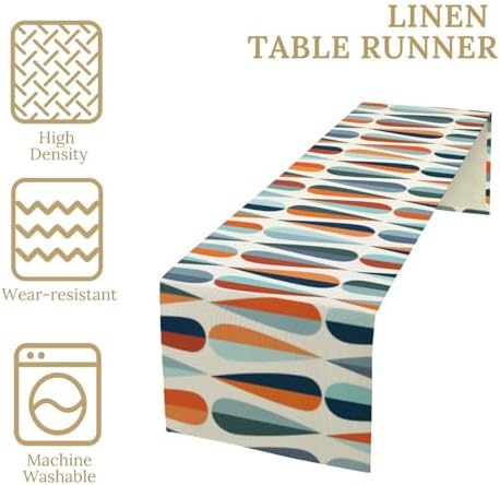 Mid Century Modern Table Runner Retro Blue Orange Grey Water Droplets Geometric Table Runner for Kitchen Dining Room Dining Table Decoration 13x60in