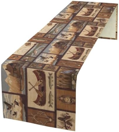 Retro Rustic Style Table Runner, Vintage Moose Deer Bear Leaf Tree Country Style Farmhouse Cottage Cabin Dinner Table Decoration for Home Kitchen Dining 13"x60"