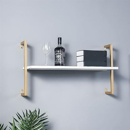 Contemporary Wall Unit Bookcase Metal Frame Pine Wood Shelf Bookshelf Wall-Mounted Bookshelf Wrought Iron Bag Rack Multi-Layer Clothing Store Decoration White Gold 31.5" L x 9.8" W x 17.3" H