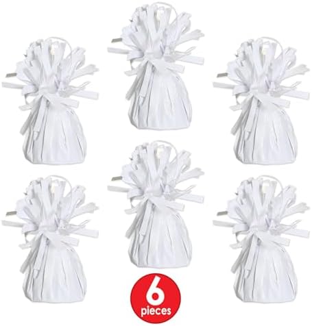 Beistle White Metallic Plastic Wrapped Balloon Weights For Birthday Parties, Weddings, Anniversaries, Table Décor, Celebrating With You Since 1900, 5.5" x 2.5", 6 Piece