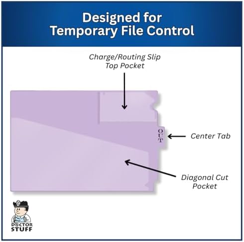 Doctor Stuff - Center Tab Vinyl Outguides, Diagonal Cut Front Pocket, Top Charge Out Slip Pocket, Plastic File Folder, Letter Size 9" x 13-1/4", Lavender, 25/Box