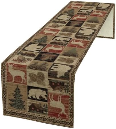 Retro Rustic Table Runner, Vintage Moose Deer Bear Leaf Tree Country Style Farmhouse Cottage Cabin Dinner Table Decoration for Home Kitchen Dining 13"x120"