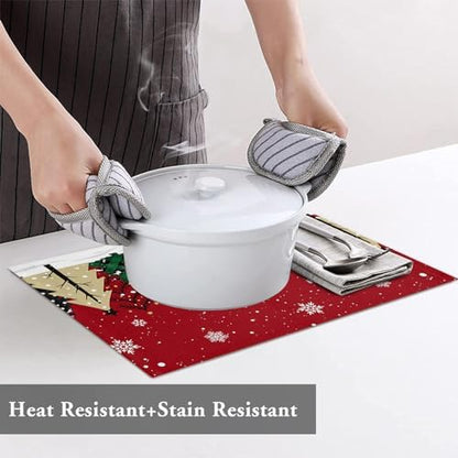 Red Merry Christmas Placemats Set of 6, Green Christmas Tree Heat Resistant Washable Table Place Mats White Snow Forest Winter Cotton Table Linens Party Holiday Decor For Kitchen Dining Outdoor Indoor