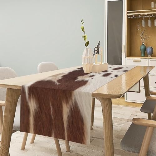 Cow Print Table Runner, Brown Cowhide Print Western Style Table Runner Country Farmhouse Cottage Cow Patten Table Decoration for Home Kitchen Dining, 13x90 Inch