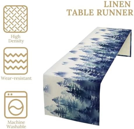 Watercolor Blue Pine Trees Table Runner, Forest Woodland Tabletop Scarf Home Kitchen Holiday Decor, Seasonal Farmhouse Rustic Dining Decorations Party Supply 13 X 36 Inch