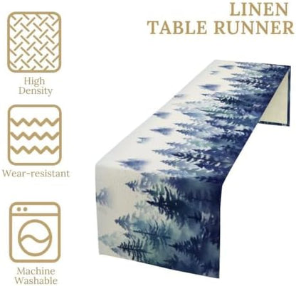 Watercolor Blue Pine Trees Table Runner, Forest Woodland Tabletop Scarf Home Kitchen Holiday Decor, Seasonal Farmhouse Rustic Dining Decorations Party Supply 13 X 36 Inch
