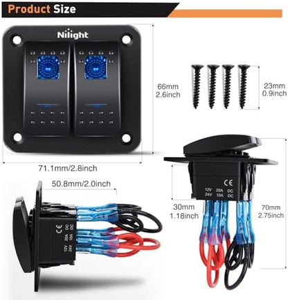Nilight 90106B 2 Gang Rocker Switch Panel 5 Pin On Off Pre-Wired Rocker Switch Aluminum Panel Waterproof Switche Panel for 12V/24V Automotive Cars Marine Boats ATVs Trailers,2 Years Warranty , Blue