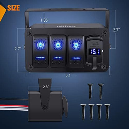 Nilight 3 Gang Rocker Switch Box 12V SPST ON Off PD Type C and QC 3.0 USB Charger Voltmeter Waterproof Aluminum Panel DIY Stickers for Boats Cars RVs Trucks