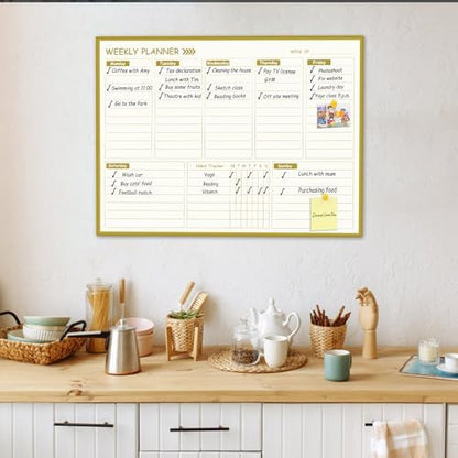 Large Weekly Dry Erase Board for Wall,20"x28",Gold Aluminum Frame Magnetic Weekly Planner Whiteboard for to Do List, Memo, School, Home, Office, Kitchen