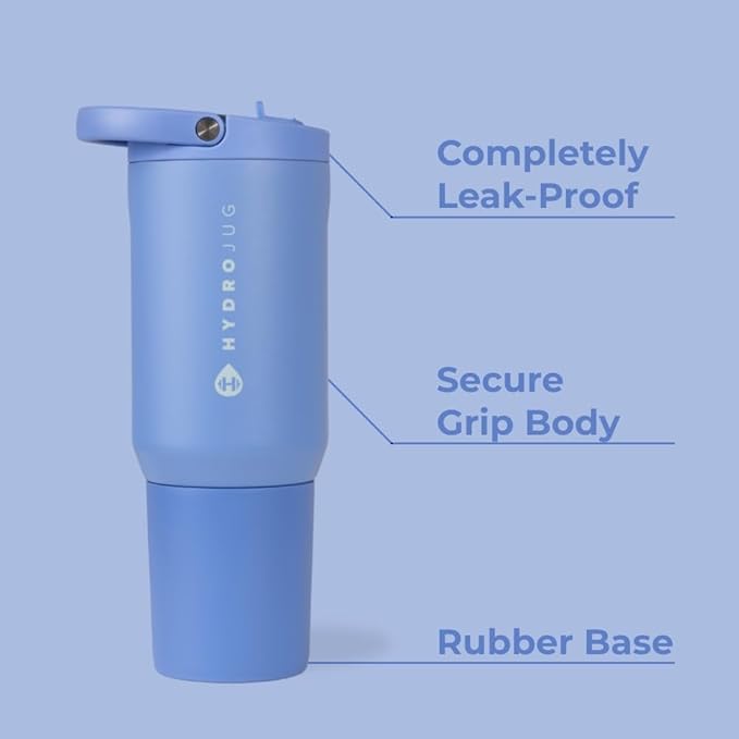 HydroJug Sport - Stainless Steel Tumbler with Straw, Vacuum Insulated, 20oz Leakproof Water Bottle, Ergonomic Design, Reusable, Dishwasher Safe, Rubber Base, Durable for Gym or Outdoors, Light Blue