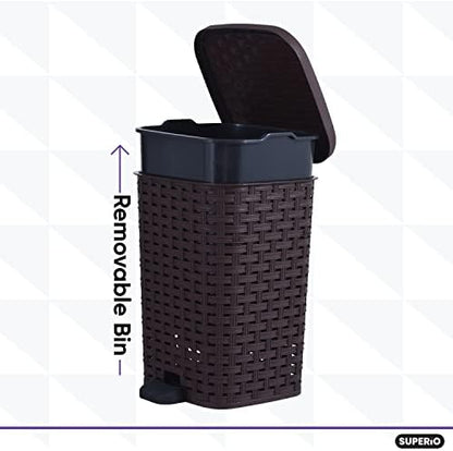 Superio Mini Trash Can with Foot Pedal Small Outdoor Garbage Can with Lid, 1.5 Gallon Plastic Waste Basket for Bathroom, Bedroom, Kitchen, Office, Patio (Wicker Brown 6 QT.), 6 Pack