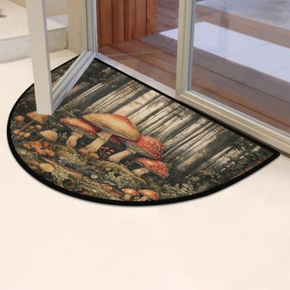 Mushrooms Forest Half Round Door Mat Non Slip Washable Semi Circle Area Rug Absorbent Soft Half Moon Rug Floor Mat for Indoor Outdoor Kitchen Bathroom Patio Front Door Mat Decor