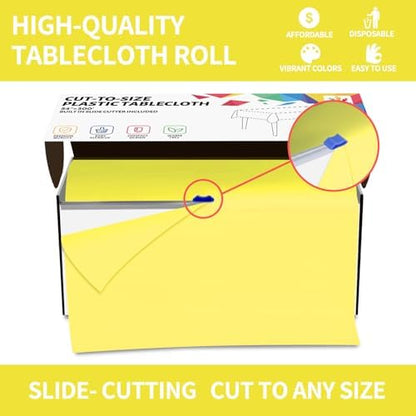 CXPSINC 54 Inch X 300 Feet Plastic Table Cover Roll Disposable Tablecloth with Slide Cutter for All Type/Shape Tables | Party, Banquet, Birthdays, Weddings(Light Yellow, 300 Feet)
