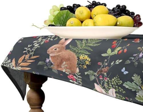Watercolor Forest Tablecloth, Rustic Woodland Animals Squirrel Rabbit Fox Wild Flower Mushroom Leaves Print Table Cloth Cover for Kitchen Dining Indoor Outdoor Decor 60x90in