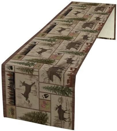 Rustic Moose Deer Bear Table Runner, Retro Vintage Bear Cottage Country Style Cabin Farmhouse Dinner Runner for Home Kitchen Dining Table Decoration 13x36inch
