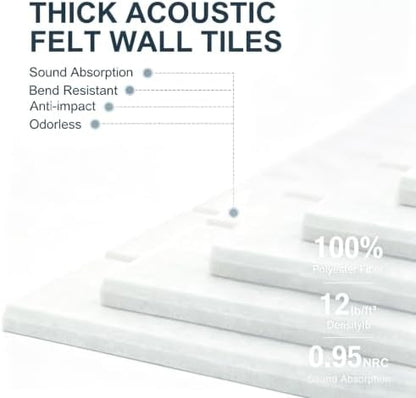 0.47" Thick Felt Wall Tiles 36"x24" Cork Board Alternative 6 Pack 11.81"x11.81"Felt Bulletin Board Pin Board with Removable Adhesive Tape&30 Pushpins for Home Office School(Bold-White)