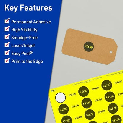Avery Printable Round Labels, Sure Feed Technology, 3/4" Diameter, Neon Yellow Labels, Print-to-the-Edge, Laser/Inkjet, 3,200 Total, Great for Price Stickers and Mailing Seals